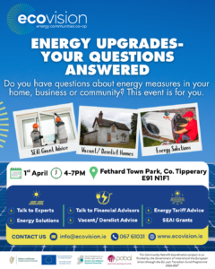 poster of fethard energy clinic with smaller pictures of a window installer, heat pump and derelict home