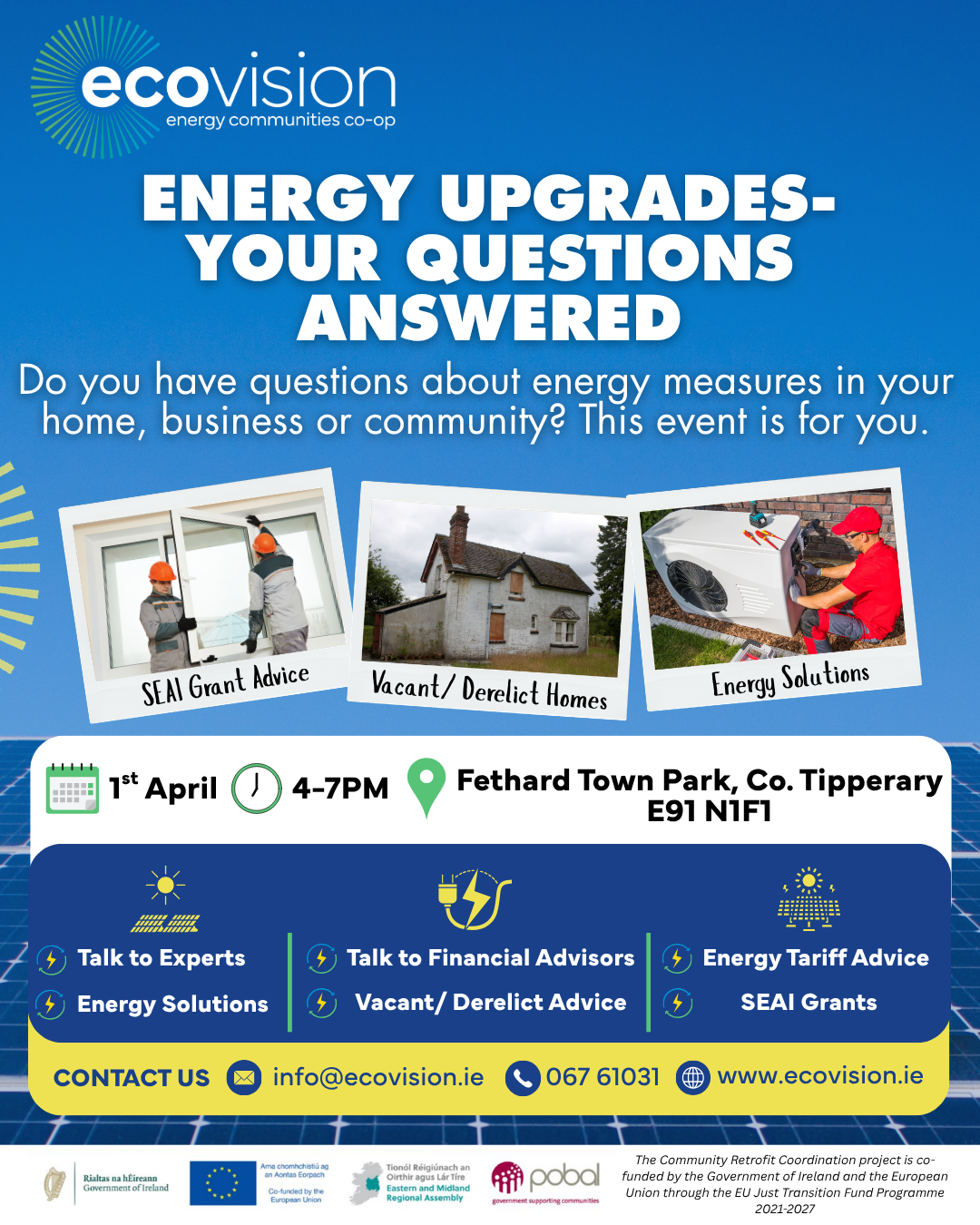 poster of fethard energy clinic with smaller pictures of a window installer, heat pump and derelict home